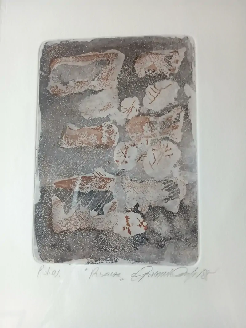 Presenze: aquaforte, acquatinta a due matrici, 19,5x27,5 cm, anno 1988, di Giovanni Carafa