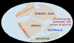 Deriva dei continenti: posizione dei continenti 130 milioni di anni fa