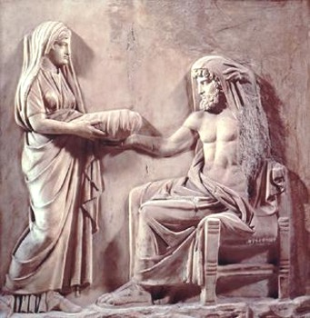 Nascita del mondo: Rea che consegna a Crono una pietra al posto di Zeus