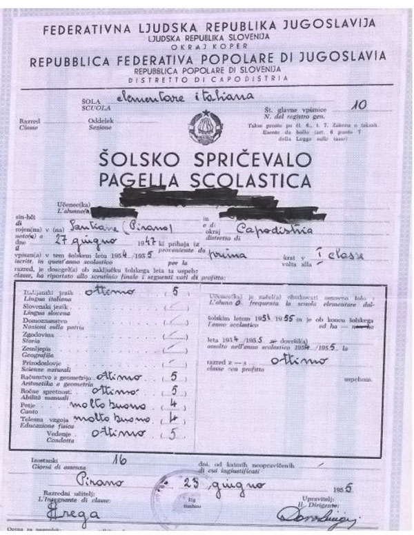 Pagella di un sopravvissuto alle Foibe